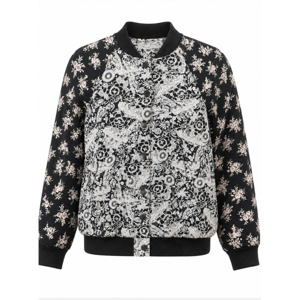 Free People Women's Floral Bomber Jacket Black White Long Sleeve Size XS